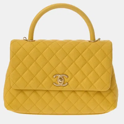 Pre-owned Chanel Yellow Caviar Leather Small Coco Top Handle Bag