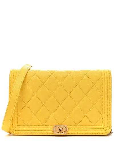 Pre-owned Chanel Yellow Caviar Quilted Leather Boy Wallet On Chain (authentic Pre-loved)