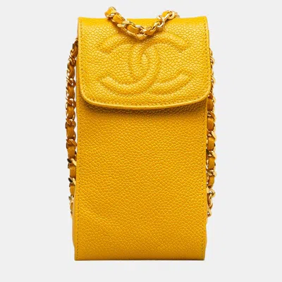 Pre-owned Chanel Yellow Cc Caviar Phone Crossbody Bag