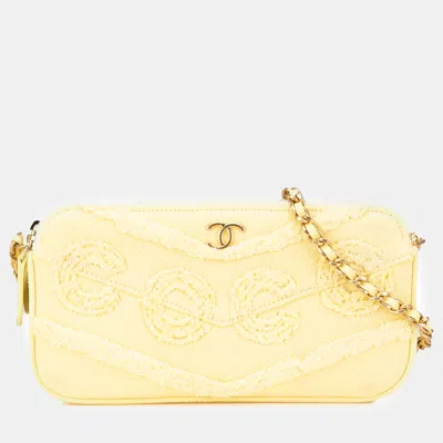 Pre-owned Chanel Yellow Denim Coco Fringe Double Zip Clutch With Chain