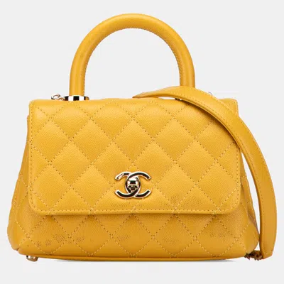 Pre-owned Chanel Yellow Extra Mini Quilted Caviar Coco Top Handle Bag