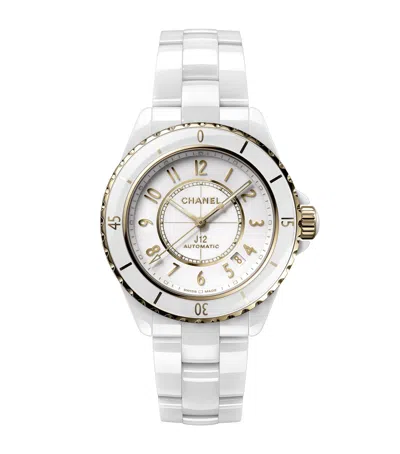 Pre-owned Chanel Yellow Gold And Ceramic J12 Calibre 12.1 Watch In White