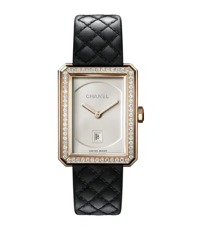 Pre-owned Chanel Yellow Gold And Diamond Boy·friend Watch In Black