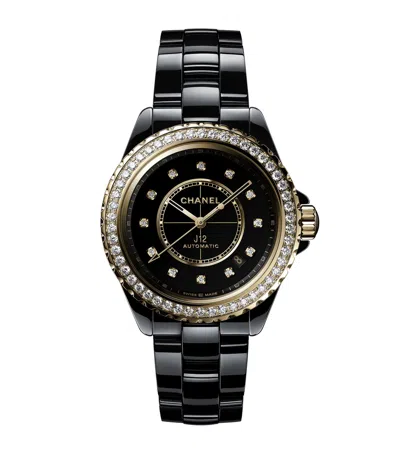Pre-owned Chanel Yellow Gold, Ceramic And Diamond J12 Calibre 12.1 Watch In Black