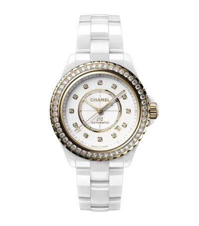 Pre-owned Chanel Yellow Gold, Ceramic And Diamond J12 Calibre 12.1 Watch In White
