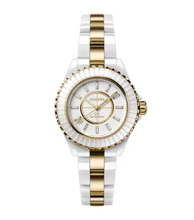 Pre-owned Chanel Yellow Gold, Ceramic And Diamond J12 Calibre 12.2 Watch In White