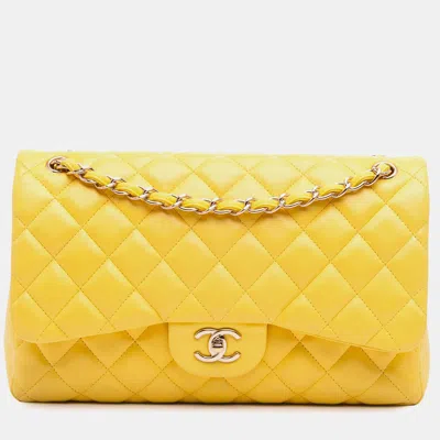 Pre-owned Chanel Yellow Jumbo Classic Lambskin Double Flap