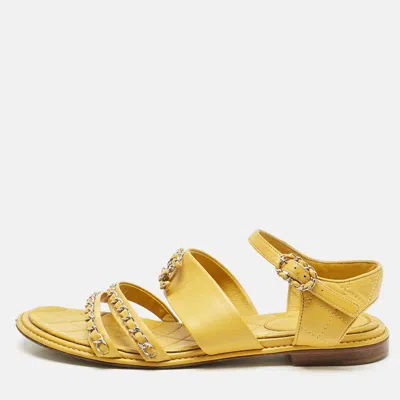 Pre-owned Chanel Yellow Leather Chain Cc Ankle Strap Sandals Size 40