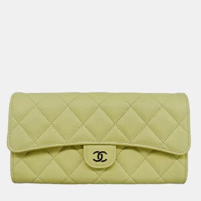 Pre-owned Chanel Yellow Matelasse Caviar Skin Long Classic Flap Coco Mark Wallet