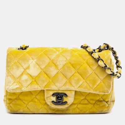 Pre-owned Chanel Yellow Mini Rectangular Classic Velvet Single Flap Bag