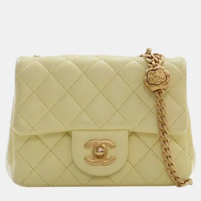Pre-owned Chanel Yellow Mini Square Lambskin Sweet Camellia Flap