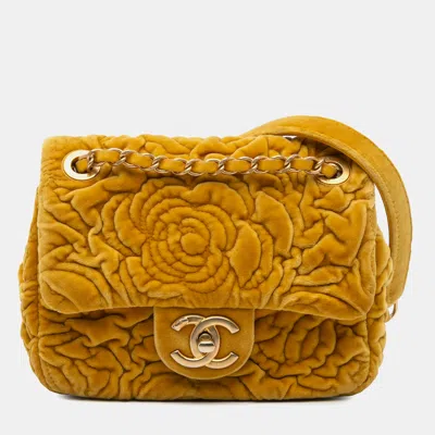 Pre-owned Chanel Yellow Mini Square Velvet Camellia Embossed Flap