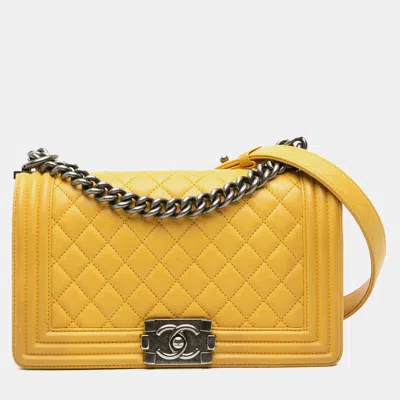 Pre-owned Chanel Yellow Old Medium Quilted Calfskin Boy Flap