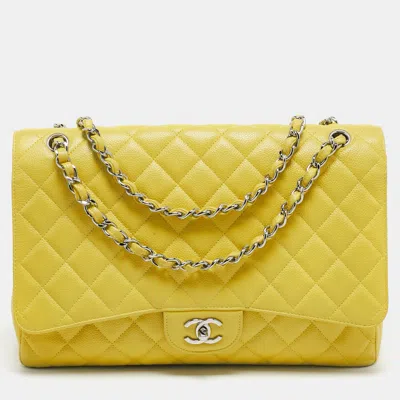 Pre-owned Chanel Yellow Quilted Caviar Leather Maxi Classic Single Flap Bag