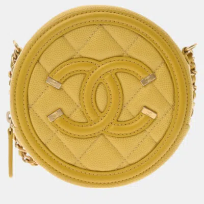 Pre-owned Chanel Yellow Quilted Caviar Mini Filigree Round Clutch With Chain