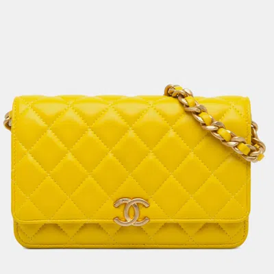 Pre-owned Chanel Yellow Quilted Lambskin Candy Chain Wallet On Chain