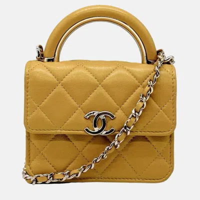 Pre-owned Chanel Yellow Quilted Lambskin Mini Charming Handle Flap Clutch With Chain