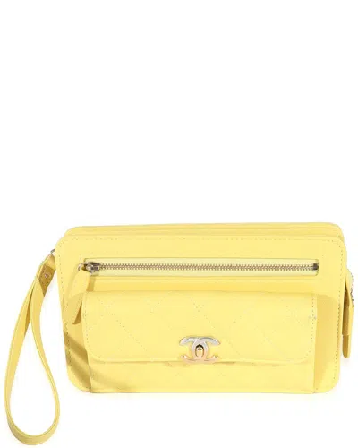 Pre-owned Chanel Yellow Quilted Leather Front Pocket Wristlet (authentic Pre-loved)
