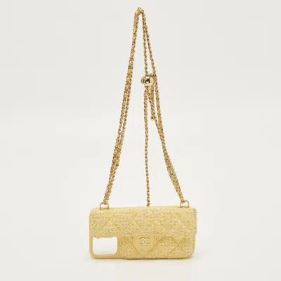 Pre-owned Chanel Yellow Quilted Tweed Cc Iphone 12 Pro Max Case With Strap
