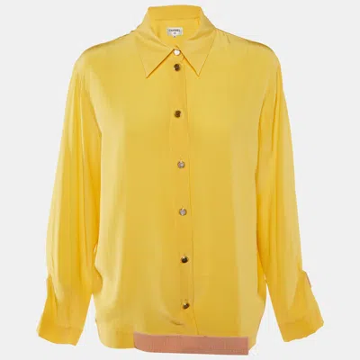 Pre-owned Chanel Yellow Silk Tape Detail Button Front Shirt L