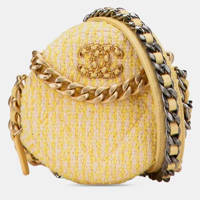 Pre-owned Chanel Yellow Tweed 19 Round Clutch With Chain