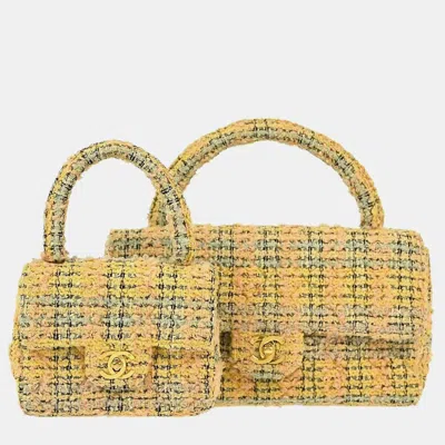 Pre-owned Chanel Yellow Tweed Classic Single Flap 2 In 1 Hand Bag Set