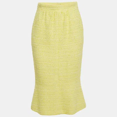 Pre-owned Chanel Yellow Tweed Pencil Midi Skirt M