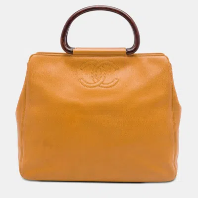 Pre-owned Chanel Yellow Vintage Caviar Wood Top Handle Tote Bag