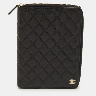 Pre-owned Chanel Zip Around Agenda Cover Black Quilted Caviar Leather