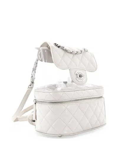 Pre-owned Chanel Zip Around Flap Quilted Crumpled Calfskin And Pvc Small Backpack In White