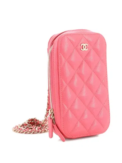 Pre-owned Chanel Zip Around Phone Case With Chain Quilted Caviar Crossbody Bag In Pink