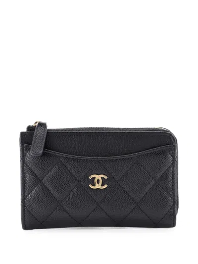Pre-owned Chanel Zip Around Quilted Caviar Card Holder In Black