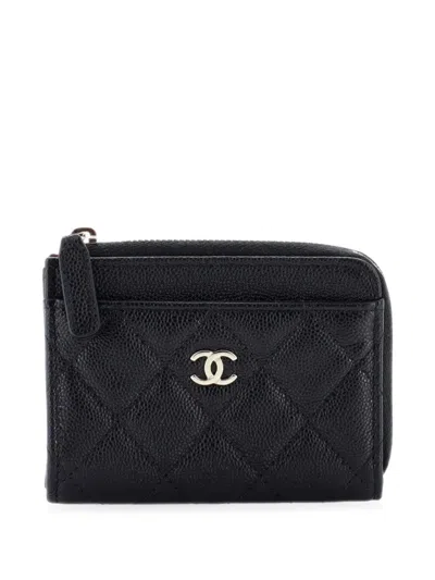 Pre-owned Chanel Zip Around Quilted Caviar Card Holder In Black