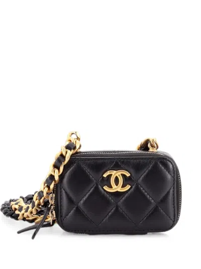 Pre-owned Chanel Zip Around Vanity Case With Chain Quilted Lambskin Mini Crossbody Bag In Black