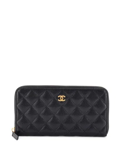 Pre-owned Chanel Zip Around Wallet Quilted Caviar Long Small Wallets In Black