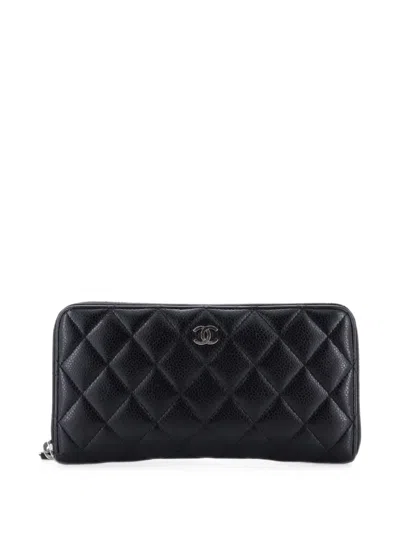 Pre-owned Chanel Zip Around Wallet Quilted Caviar Long Small Wallets In Black