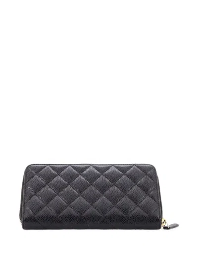 Pre-owned Chanel Zip Around Wallet Quilted Caviar Long Small Wallets In Black