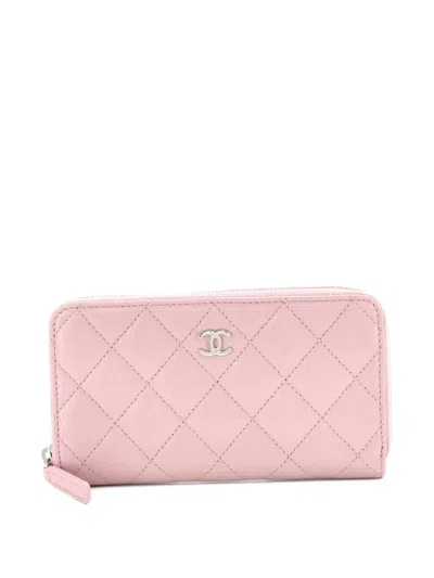 Pre-owned Chanel Zip Around Wallet Quilted Caviar Small Wallets In Pink