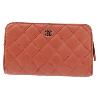 Pre-owned Chanel Zipped Pouch Quilted Lambskin Orange Leather Clutche & Pouche Bag ()