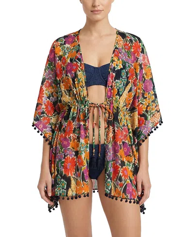 Change Of Scenery Audrey Short Crepe Drawstring Caftan Cover-up In Multi