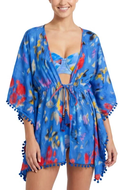 Change Of Scenery Audrey Short Drawstring Caftan Cover-up In Blue