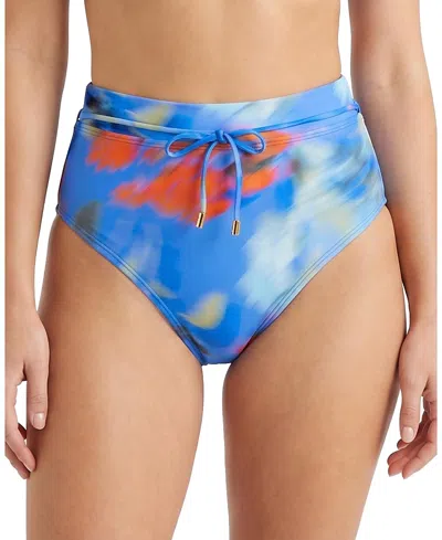 Change Of Scenery Belted Print Hi Waist Hi Leg Bikini Bottom With Moderate Coverage In Blue