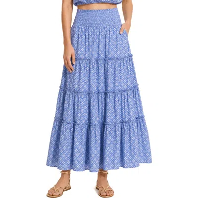 Change Of Scenery Charlie Eyelet Embroidered Smock Waist Slit Skirt In Blue