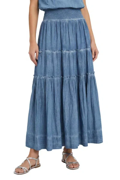 Change Of Scenery Charlie Stonewash Denim-look Smock Waist Slit Skirt In Blue