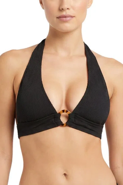 Change Of Scenery Erin Ring Halter Bikini Top In Black