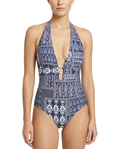 Change Of Scenery Gabrielle Ring Halter One-piece Swimsuit In Blue