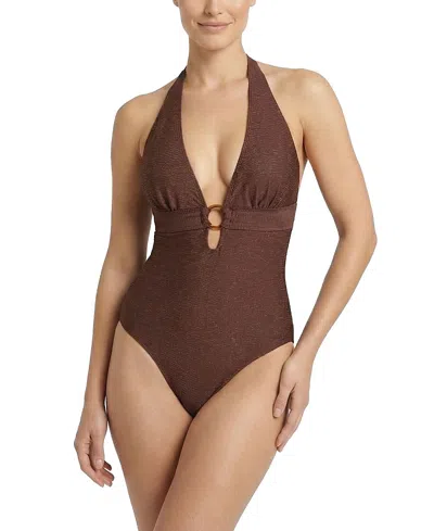 Change Of Scenery Gabrielle Ring Halter One-piece Swimsuit In Metallic In Brown