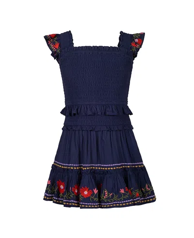 Change Of Scenery Girls' Embroidered Zoe Smocked Tiered Dress - Little Kid, Big Kid In Blue