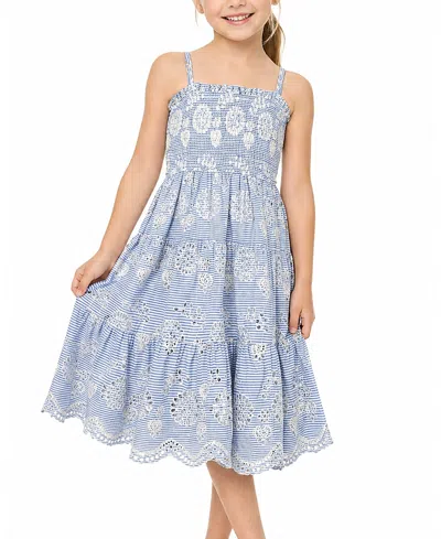 Change Of Scenery Girls' Pinstripe Eyelet Lila Tiered Smocked Dress - Little Kid, Big Kid In Blue