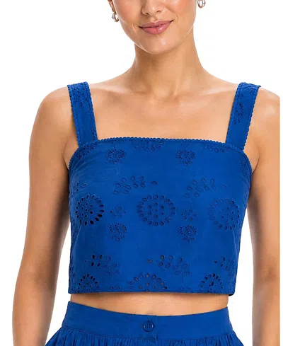 Change Of Scenery Ilyssa Eyelet Square Neck Smocked Crop Top In Blue